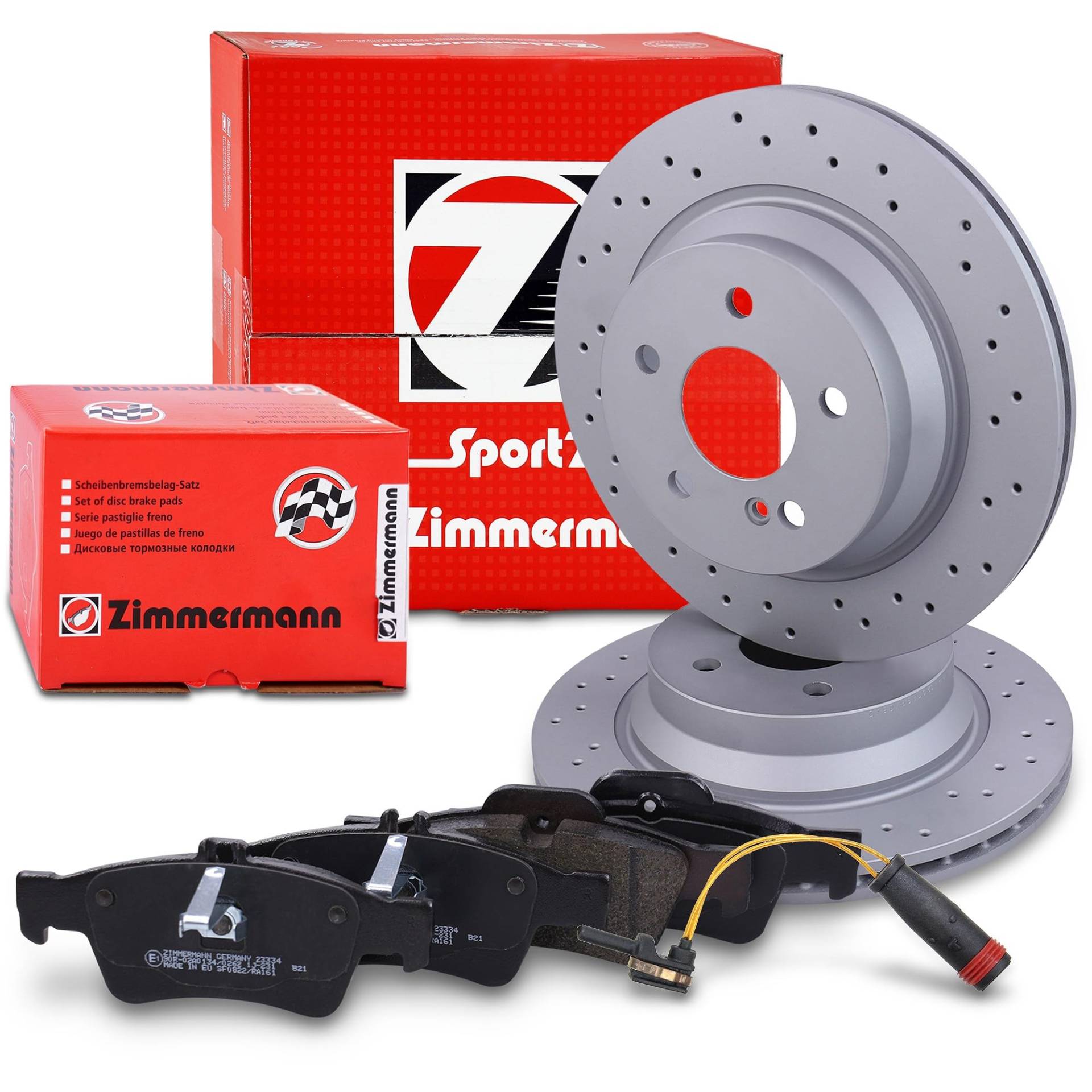 ZIMMERMANN Bremsenset Hinterachse inkl. Sport Bremsscheiben hinten Ø 300 mm innenbelüftet und Bremsbeläge hinten Kompatibel mit MERCEDES CLS (C218) (C219) (X218), E-Klasse (W211)(W212)(S211)(S212) von ZIMMERMANN