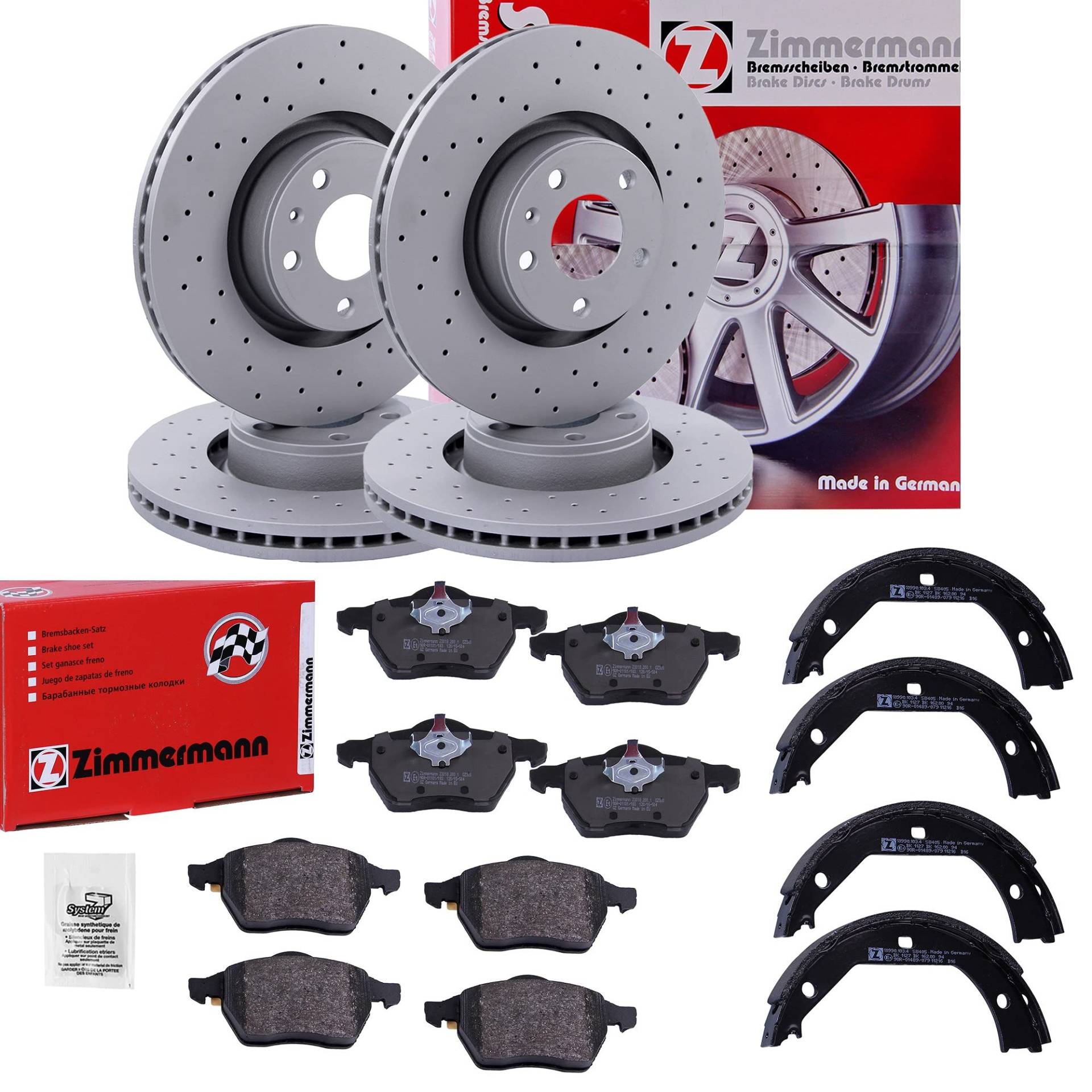 ZIMMERMANN Bremsenset inkl Gelochte Bremsscheiben Vorne Belüftet Ø 324 mm + Hinten Belüftet Ø 298 mm und Bremsbeläge Vorne und Hinten Kompatibel mit BMW 5er (E39), 5 Touring (E39) von Zimmermann