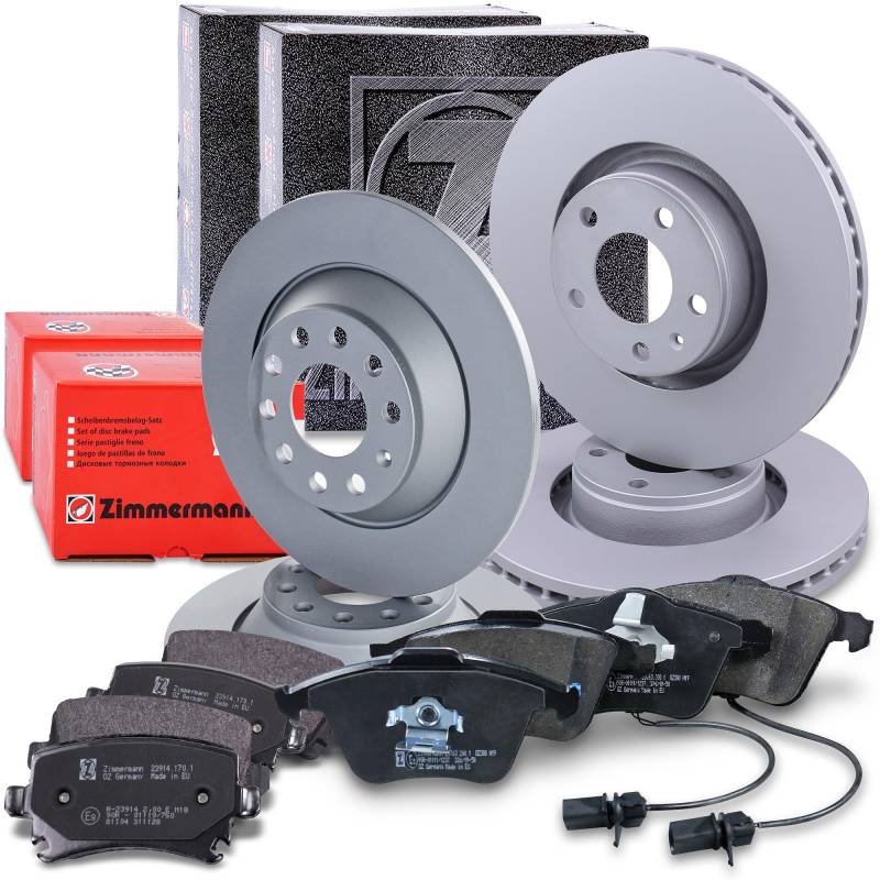 ZIMMERMANN Bremsenset inkl Bremsscheiben Vorne Belüftet Ø 321 mm + Hinten Voll Ø 302 mm und Bremsbeläge Vorne und Hinten + Veschleißkontakt Kompatibel mit AUDI A6 C6 (4F2), A6 C6 Avant (4F5) von Zimmermann