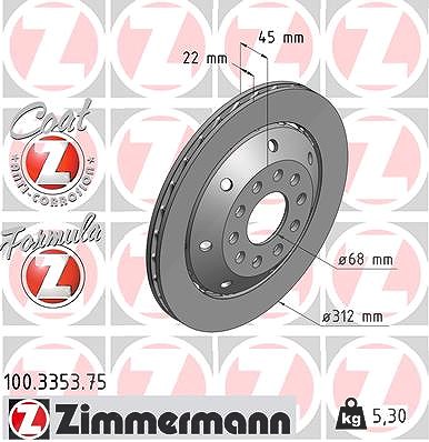 Zimmermann 1x Bremsscheibe Hinterachse Links [Hersteller-Nr. 100.3353.75] für Audi von Zimmermann