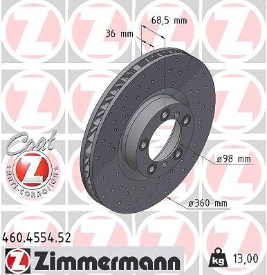 Zimmermann 1x Bremsscheibe Vorderachse Rechts [Hersteller-Nr. 460.4554.52] für Porsche, Audi von Zimmermann