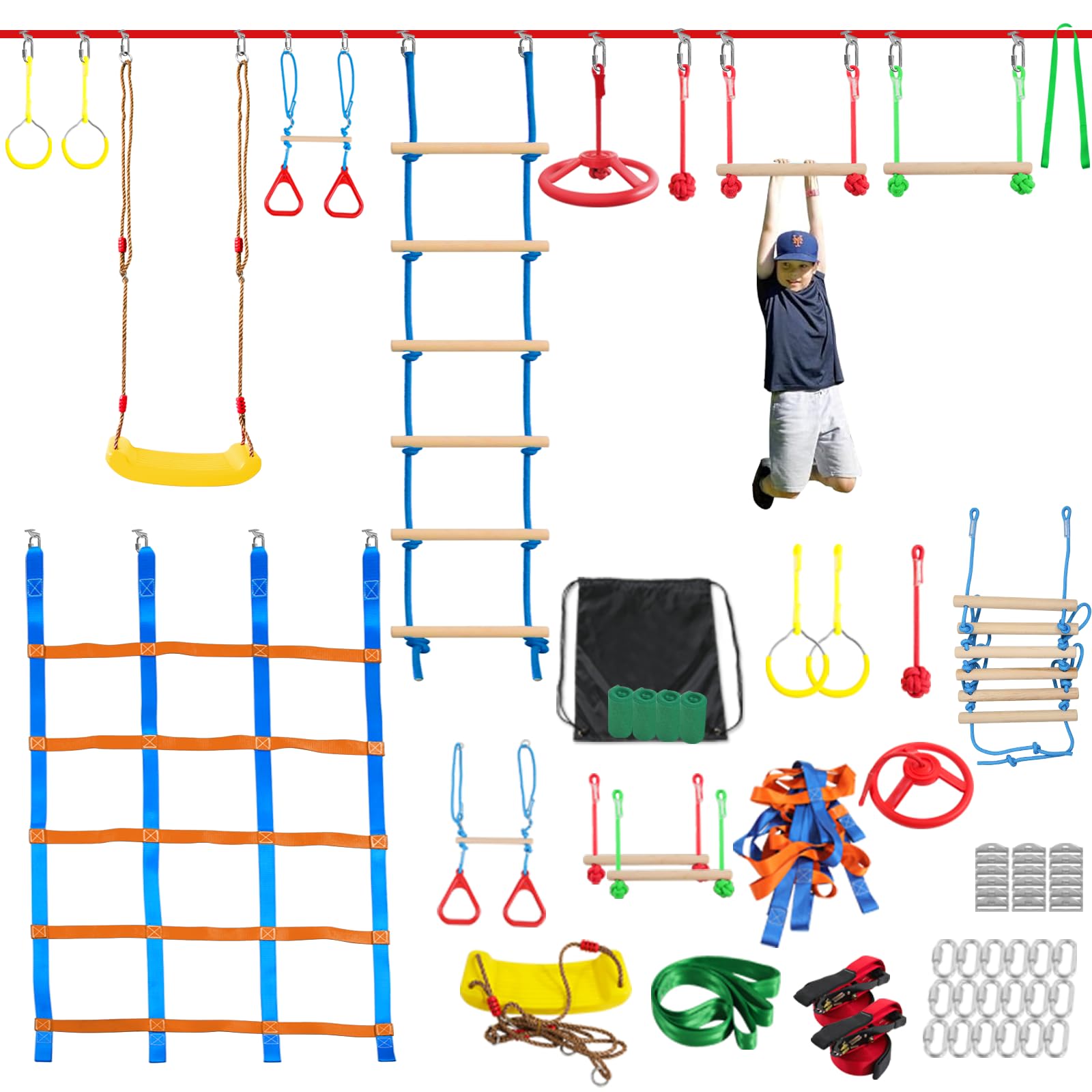 Zlinke Ninja Warrior Hindernisparcours für Kinder - 18m×2 Ninja Slackline und 11 langlebige Hindernisse - Outdoor-Trainingsparcours im Hinterhof mit Schaukel, Netz und Leiter zum Klettern, Turnen von Zlinke