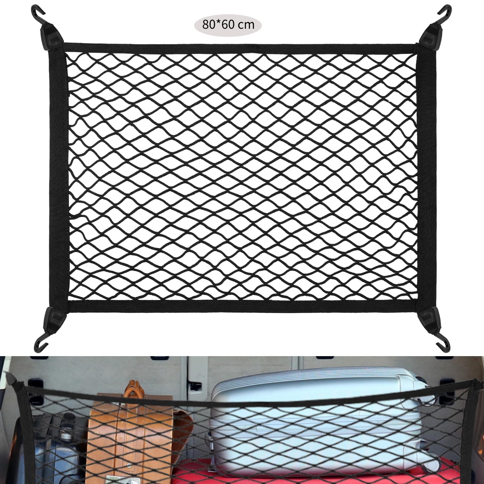 Zocipro Kofferraum Netz, 80 x 60 cm Kofferraumnetz Gepäcknetz Auto Erweiterbar auf 160 x 120 cm, Gepäckraumnetz, Kofferraum Netz Ladungssicherung mit 4 ABS Haken für die Meisten Autos von Zocipro