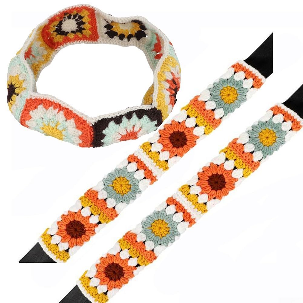 Zoegneer 3-teiliges Häkel-Lenkradbezug-Set mit Vintage-Sonnenblumen-Design für Damen, weiche Baumwollgarn-Sicherheitsgurtpolster von Zoegneer