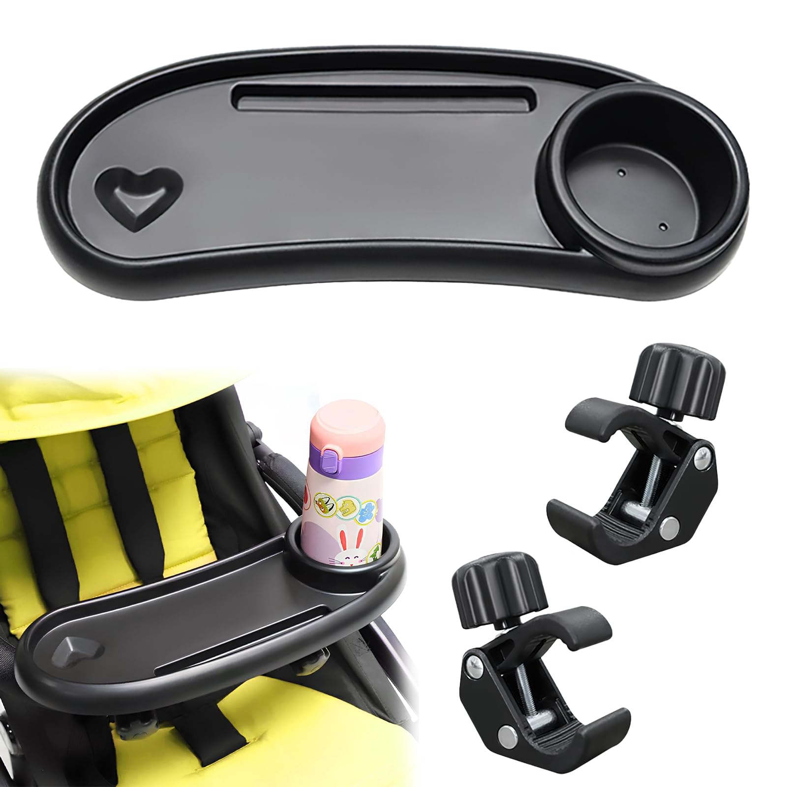 Kinderwagen-Snack-Tablett, ZoneYan Kinderwagentablett, 360-Grad-Drehbares 3-In-1 Mit Verstellbarem Clip Snacktablett für Kinderwagen, Passend für Die Meisten Kinderwagen mit Armlehnen (Schwarz) von ZoneYan