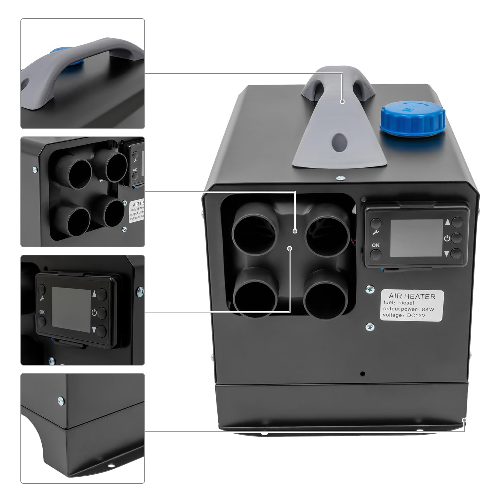 Zoobotanica 12 V Standheizung Diesel, 8 kW Diesel Lufterhitzer, Luft Diesel Heizung,4 Luftauslass Air Standheizung mit LCD-Display Fernbedienungen für Auto RV Boote Wohnmobil und Den Innenbereich von Zoobotanica