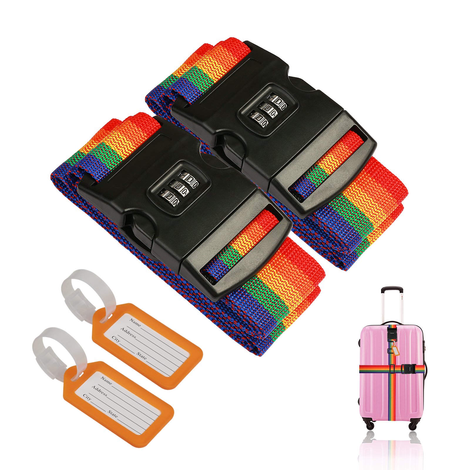 4tlg Bunte Koffergurt Set, ZoomSky 2er Verstellbare Gepäckband mit 2 Gepäckanhänger Gurtbänd Kreuz Gepäckgurt Zahlenschloss sichere Koffer für Schnell erkennen Gepäck Reisetasche Flugzeug von ZoomSky