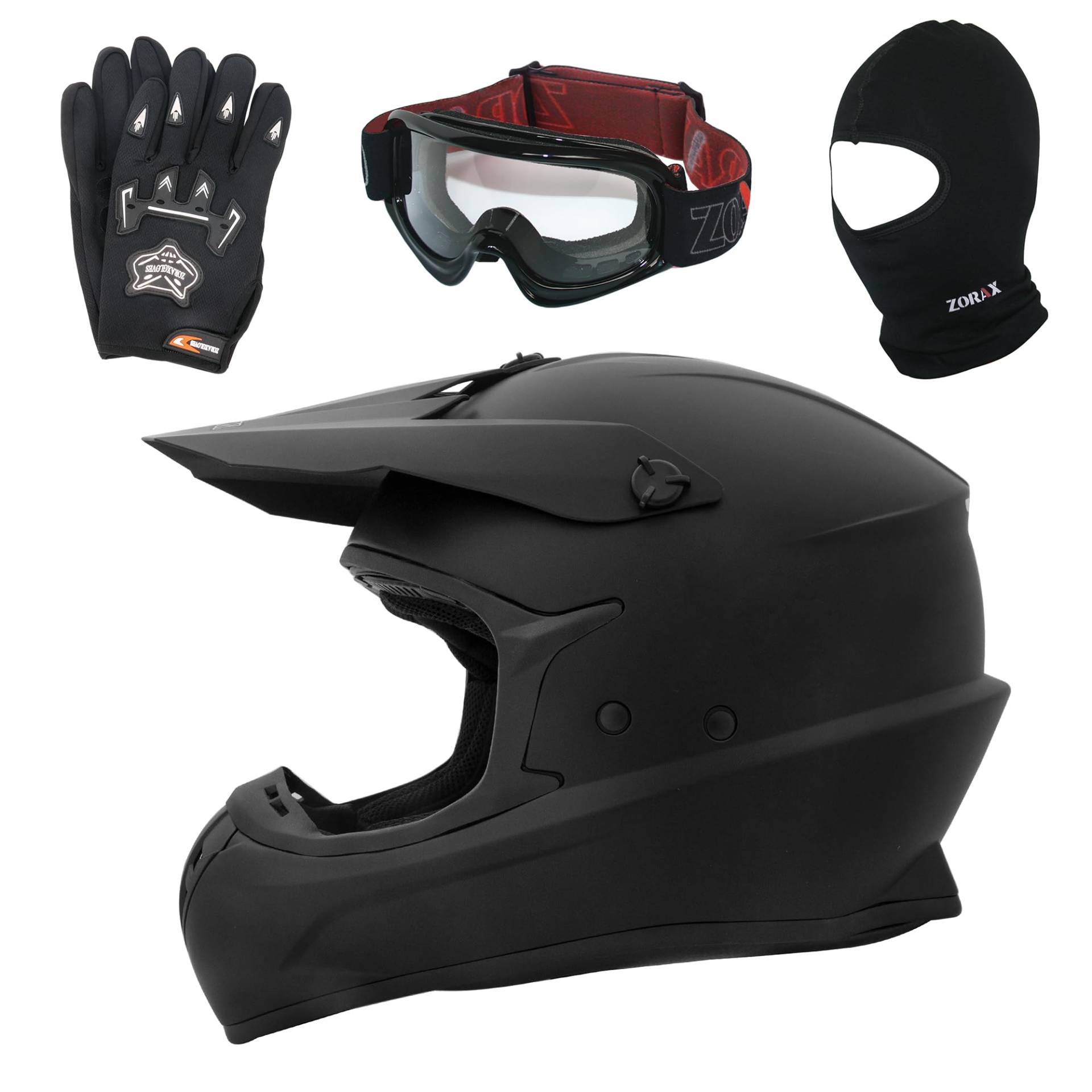 Zorax Mattschwarz L (59-60cm) ZOR-X305 Motocross-Helm & Handschuhe L(10cm) & Schutzbrille & Sturmhaube – MX Quad ATV Sport-Enduro-Sturzhelm ECE 22.06 Zertifiziert von Zorax