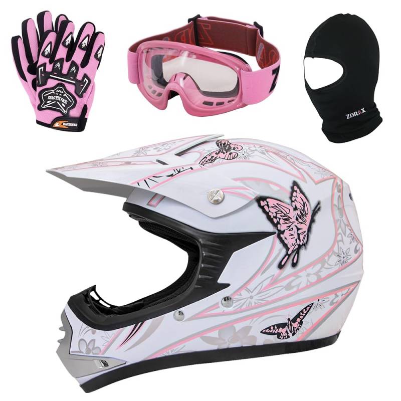 Zorax ZOR-X18 Schmetterling L (53–54 cm), Kinder-Motocross-Helm und Handschuhe L (7 cm), Schutzbrille und Sturmhaube – Dirtbike im Gelände Motorradhelm ECE 2206 von Zorax