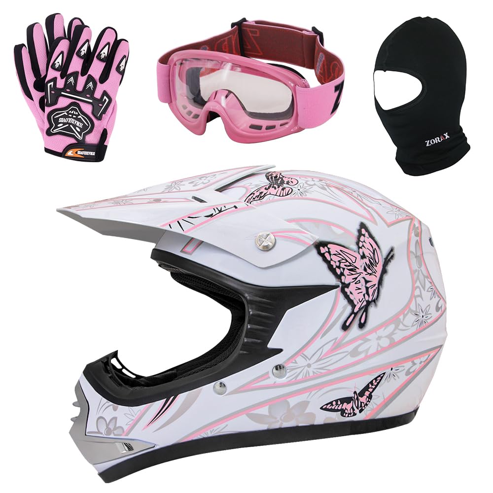 Zorax ZOR-X18 Schmetterling XS (47-48 cm), Kinder-Motocross-Helm und Handschuhe S (5 cm), Schutzbrille und Sturmhaube – Dirtbike im Gelände Motorradhelm ECE 2206 von Zorax