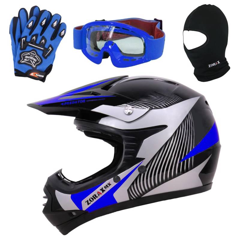 Zorax ZOR-X19 Blau L (53–54 cm) Predator Kinder Motorrad Motocross MX Helm & Handschuhe L (7 cm) & Schutzbrille & Sturmhaube ECE 2206 von Zorax