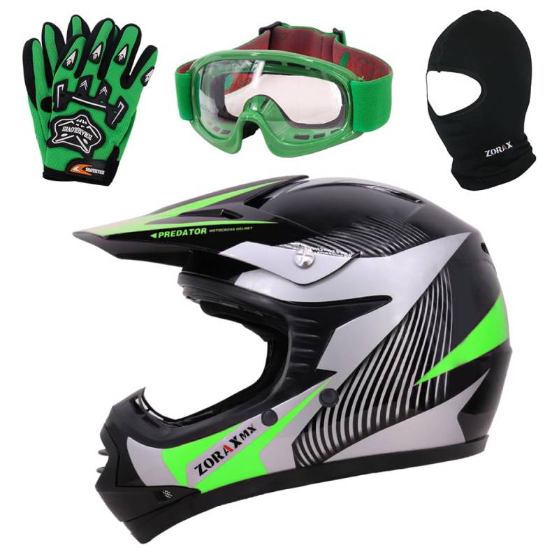 Zorax ZOR-X19 Grün L (53–54 cm) Predator Kinder Motorrad Motocross MX Helm & Handschuhe L (7 cm) & Schutzbrille & Sturmhaube ECE 2206 von Zorax