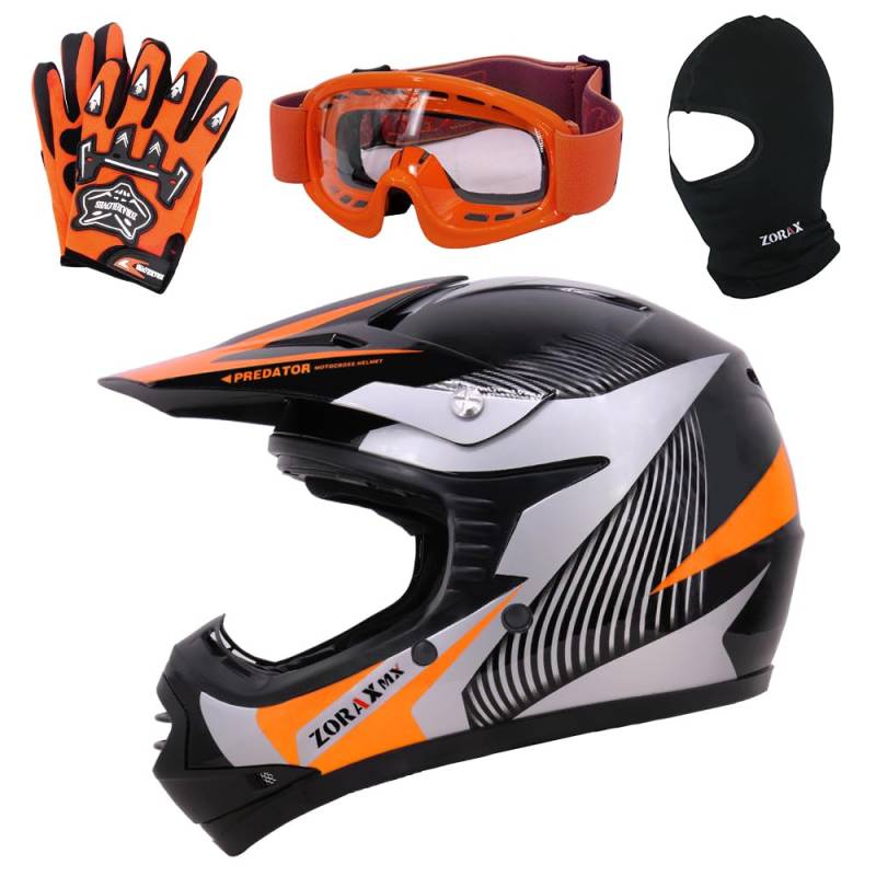 Zorax ZOR-X19 Orange L (53–54 cm) Predator Kinder Motorrad Motocross MX Helm & Handschuhe L (7 cm) & Schutzbrille & Sturmhaube ECE 2206 von Zorax