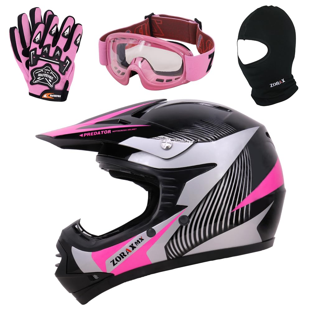 Zorax ZOR-X19 Rosa M (51–52 cm) Predator Kinder Motorrad Motocross MX Helm & Handschuhe M (6 cm) & Schutzbrille & Sturmhaube ECE 2206 von Zorax