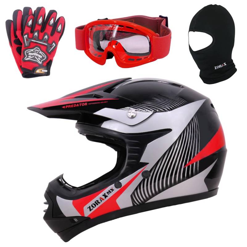 Zorax ZOR-X19 Rot L (53–54 cm) Predator Kinder Motorrad Motocross MX Helm & Handschuhe L (7 cm) & Schutzbrille & Sturmhaube ECE 2206 von Zorax