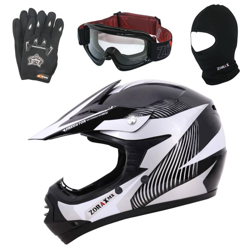 Zorax ZOR-X19 Weiß L (53–54 cm) Predator Kinder Motorrad Motocross MX Helm & Handschuhe L (7 cm) & Schutzbrille & Sturmhaube ECE 2206 von Zorax