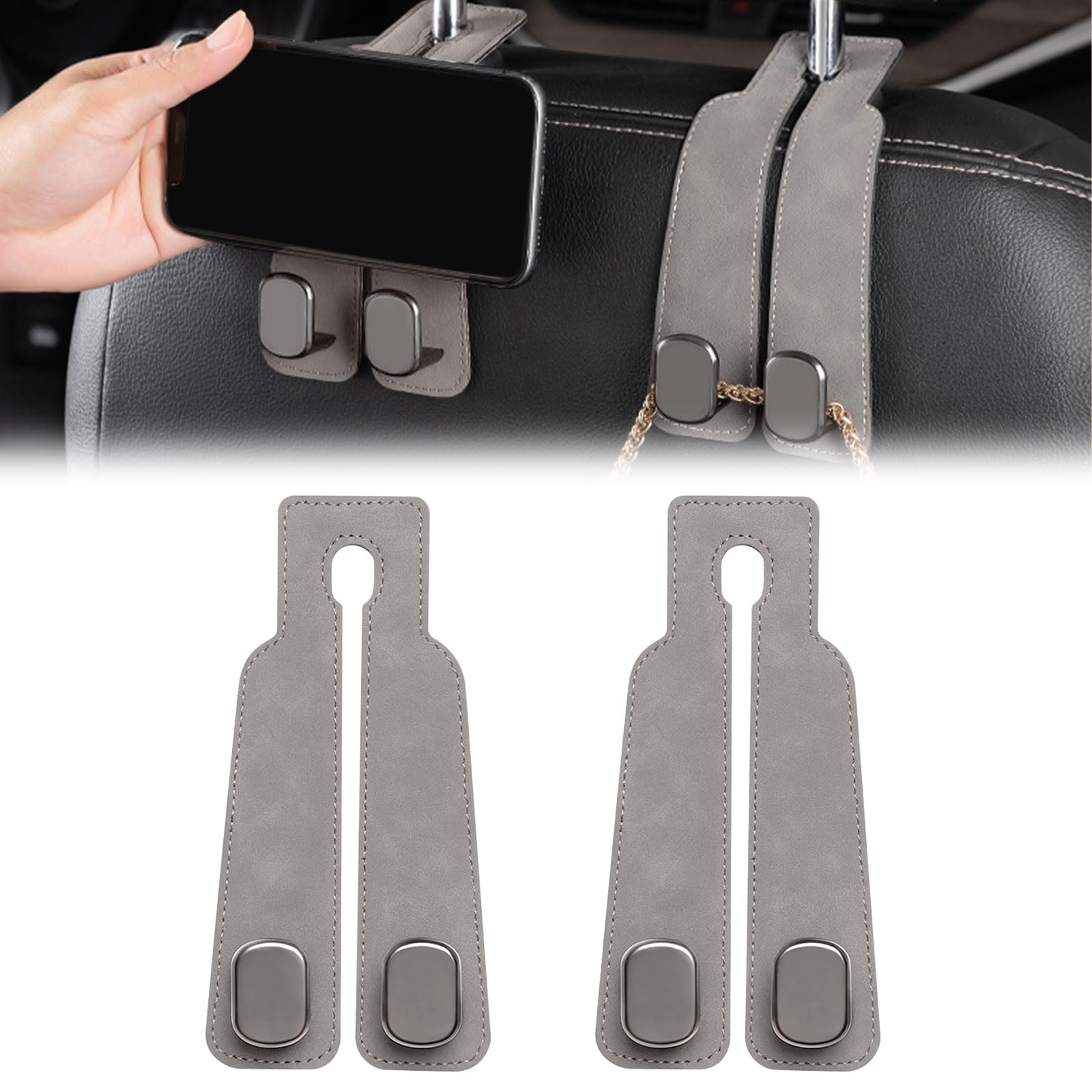 Zueyen 2PCS Autositz Rücken Doppelhaken, Leder Autositz Kopfstütze Haken, Multifunktionaler Haken für Autositz Rücken, Auto Kopfstütze Haken für Geldbörsen und Taschen (Grey) von Zueyen