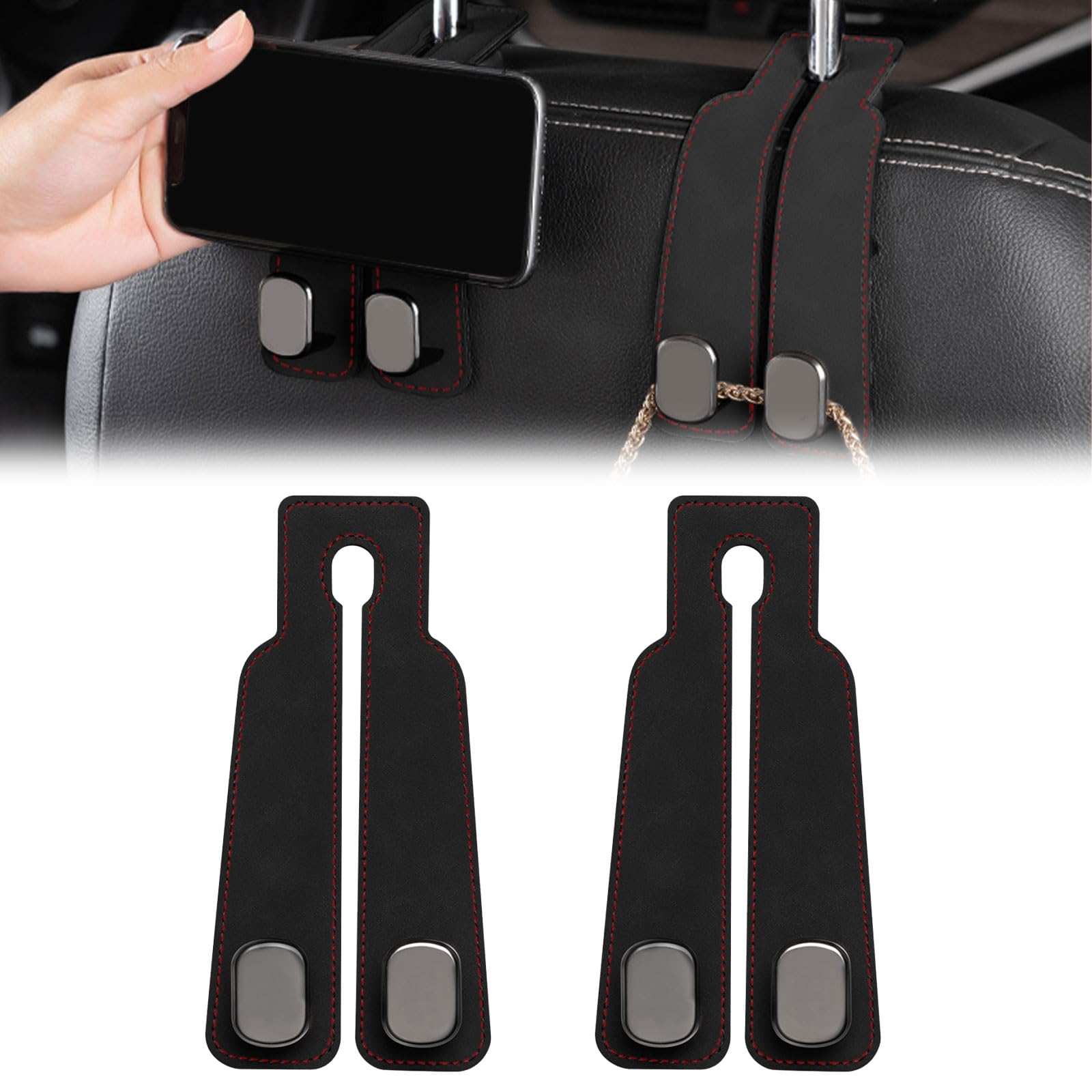 Zueyen 2PCS Autositz Rücken Doppelhaken, Leder Autositz Kopfstütze Haken, Multifunktionaler Haken für Autositz Rücken, Auto Kopfstütze Haken für Geldbörsen und Taschen (Schwarz) von Zueyen