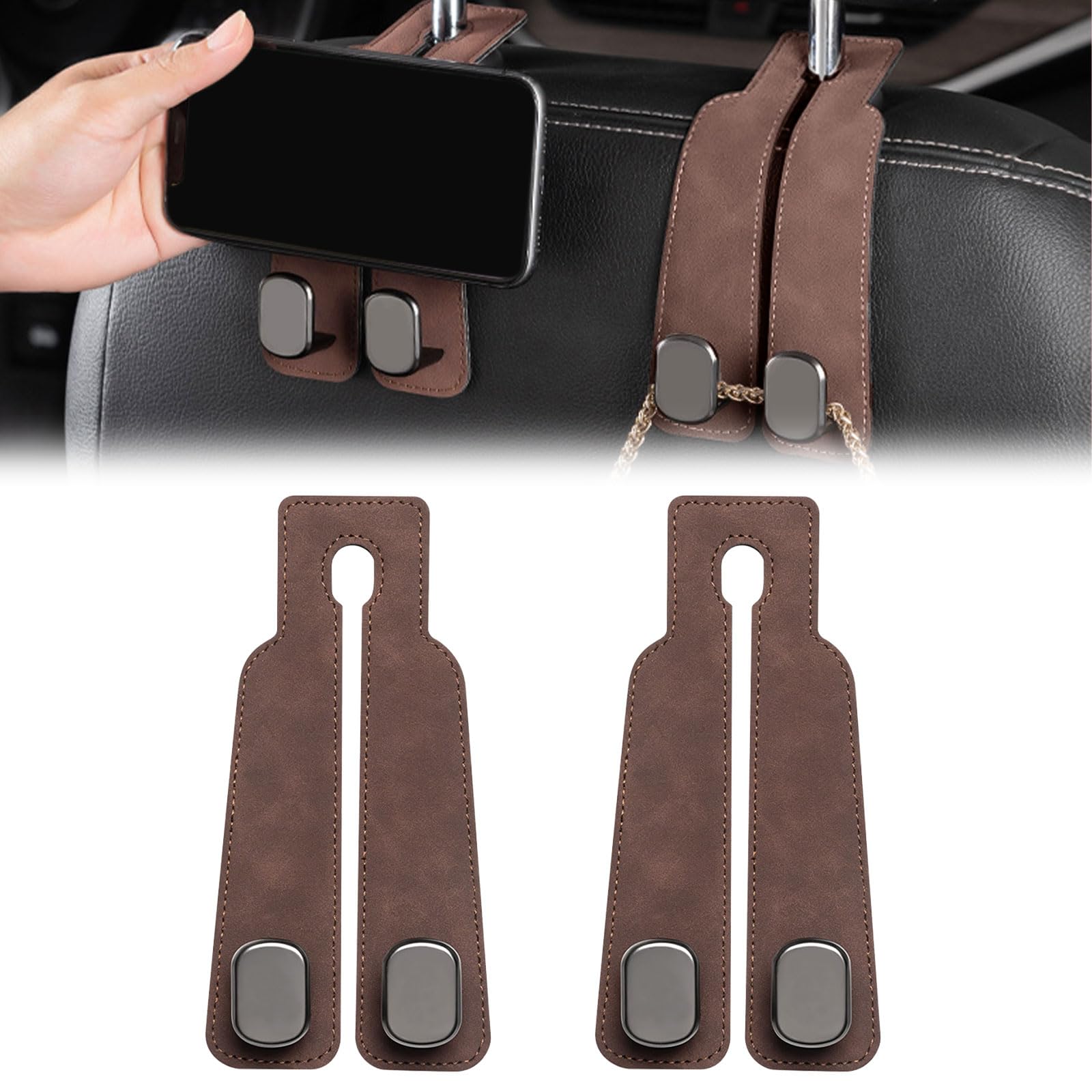 Zueyen 2PCS Autositz Rücken Doppelhaken, Leder Autositz Kopfstütze Haken, Multifunktionaler Haken für Autositz Rücken, Auto Kopfstütze Haken für Geldbörsen und Taschen (Braun) von Zueyen