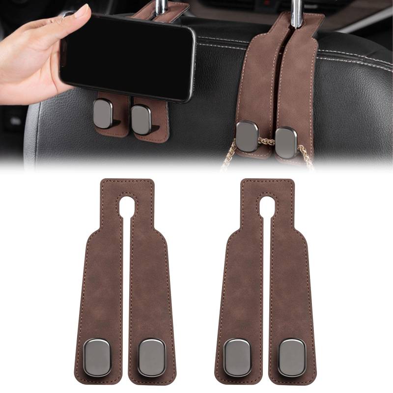 Zueyen 2PCS Autositz Rücken Doppelhaken, Leder Autositz Kopfstütze Haken, Multifunktionaler Haken für Autositz Rücken, Auto Kopfstütze Haken für Geldbörsen und Taschen (Braun) von Zueyen