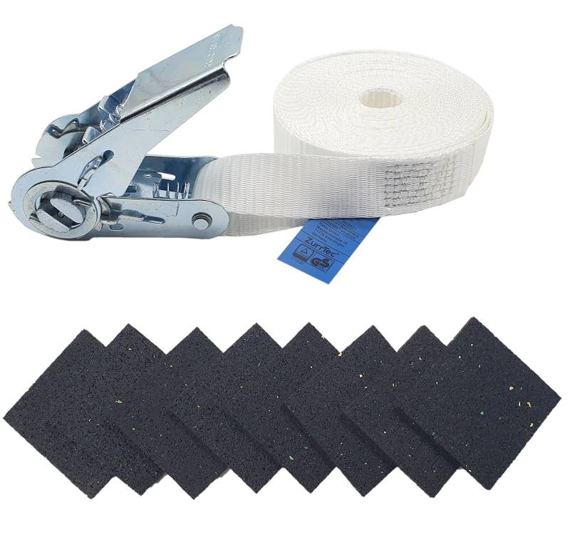 Spanngurt mit Ratsche 6m x 25 mm Weiß mit 8 Gummigranulat Pads zum sicheren Stapeln von Trockner & Waschmaschine Zurrband mit 800 daN Zurrkraft Zurrgurte Befestigung Halterung von ZurrTec