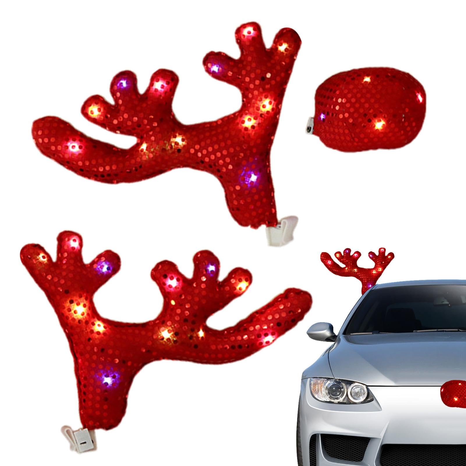 Weihnachtsauto-Geweihe – Auto-Rentier-Geweihe Und Rote Nase | Weihnachts-Rentier-Autodekoration | Leuchtendes Rentiergeweih-Nasen-Set | Feiertags-Automobildekoration, Für LKWs | Autos | Fenster von Zvn Zojne