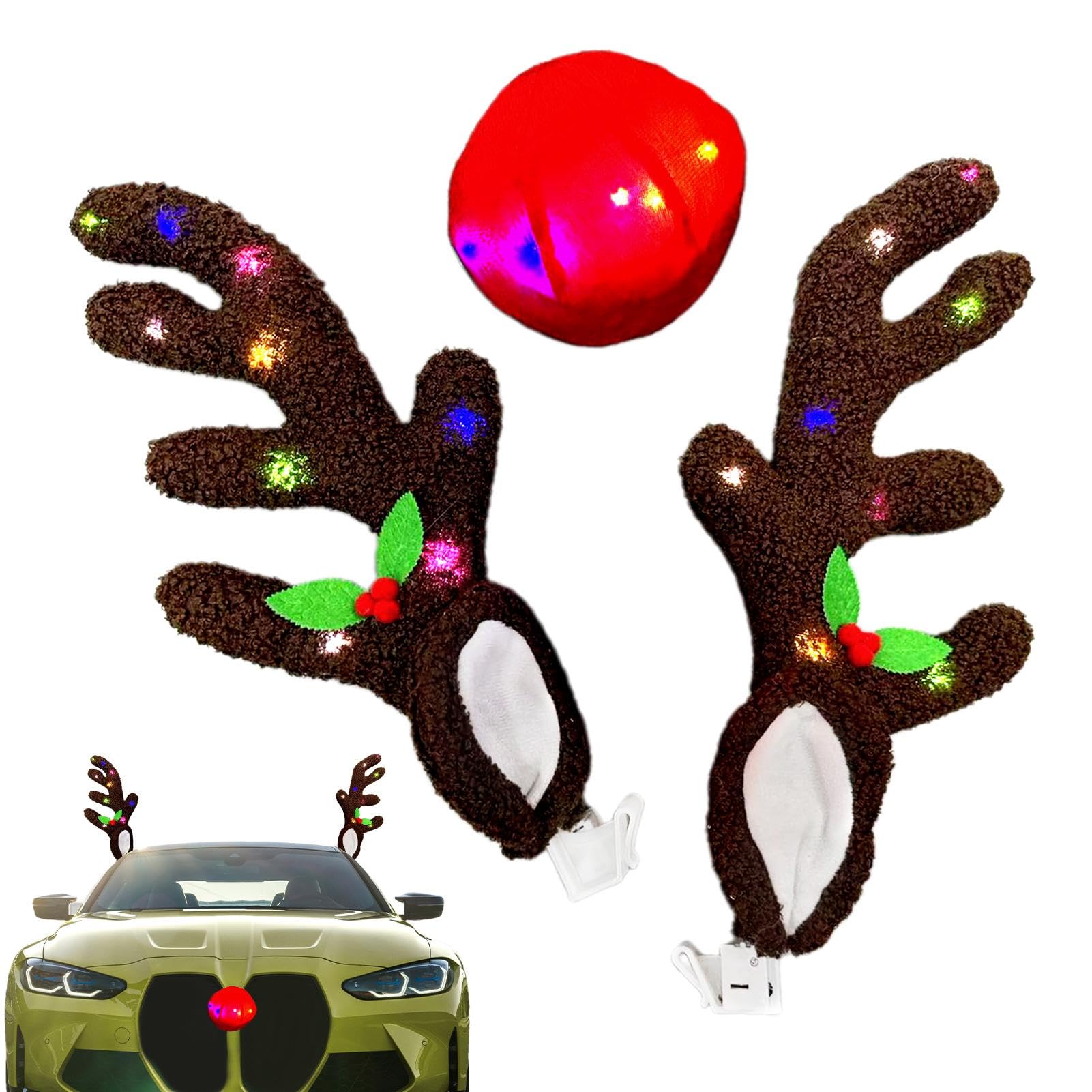 Weihnachtsauto-Geweihe – Auto-Rentier-Geweihe und rote Nase | Weihnachts-Rentier-Autodekoration | Leuchtendes Rentiergeweih-Nasen-Set | Feiertags-Automobildekoration, für LKWs | Autos | Fenster von Zvn Zojne