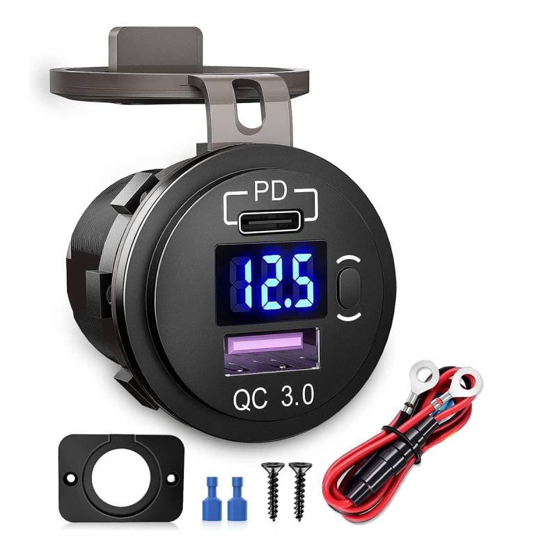 Zyeatary Auto Dual USB LadegeräT Quick Charge 3.0 & PD USB LadegeräT Steckdosenadapter mit Schalter Voltmeter für Wohnmobil Motorrad von Zyeatary