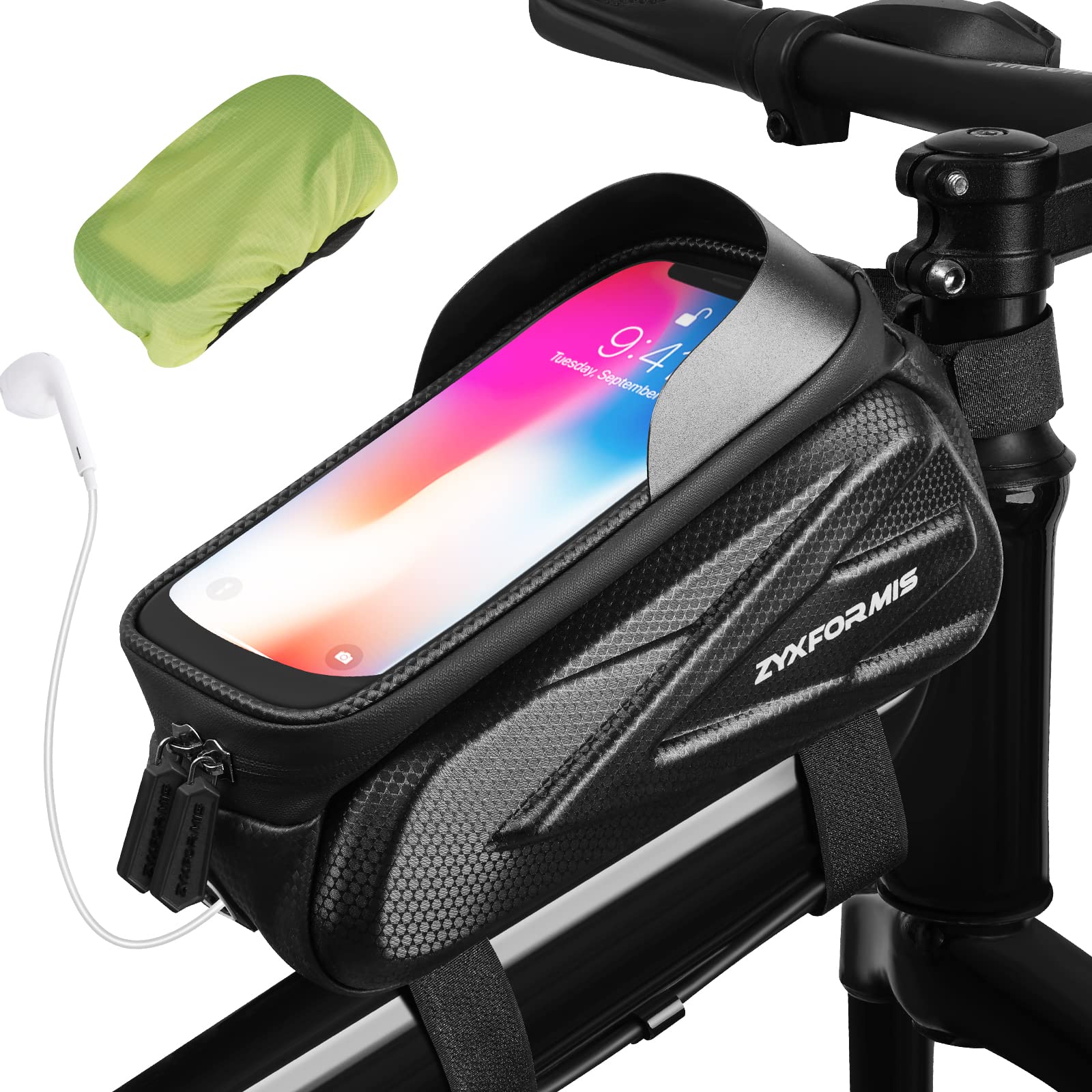 Zyxformis Fahrrad Rahmentasche Wasserdicht Fahrrad Handytasche Lenkertasche Fahrrad Handyhalterung Fahrrad Oberrohrtasche Kopfhörerloch TPU Touchscreen mit Regenfest Abdeckung für Handy unter 7'' von Zyxformis