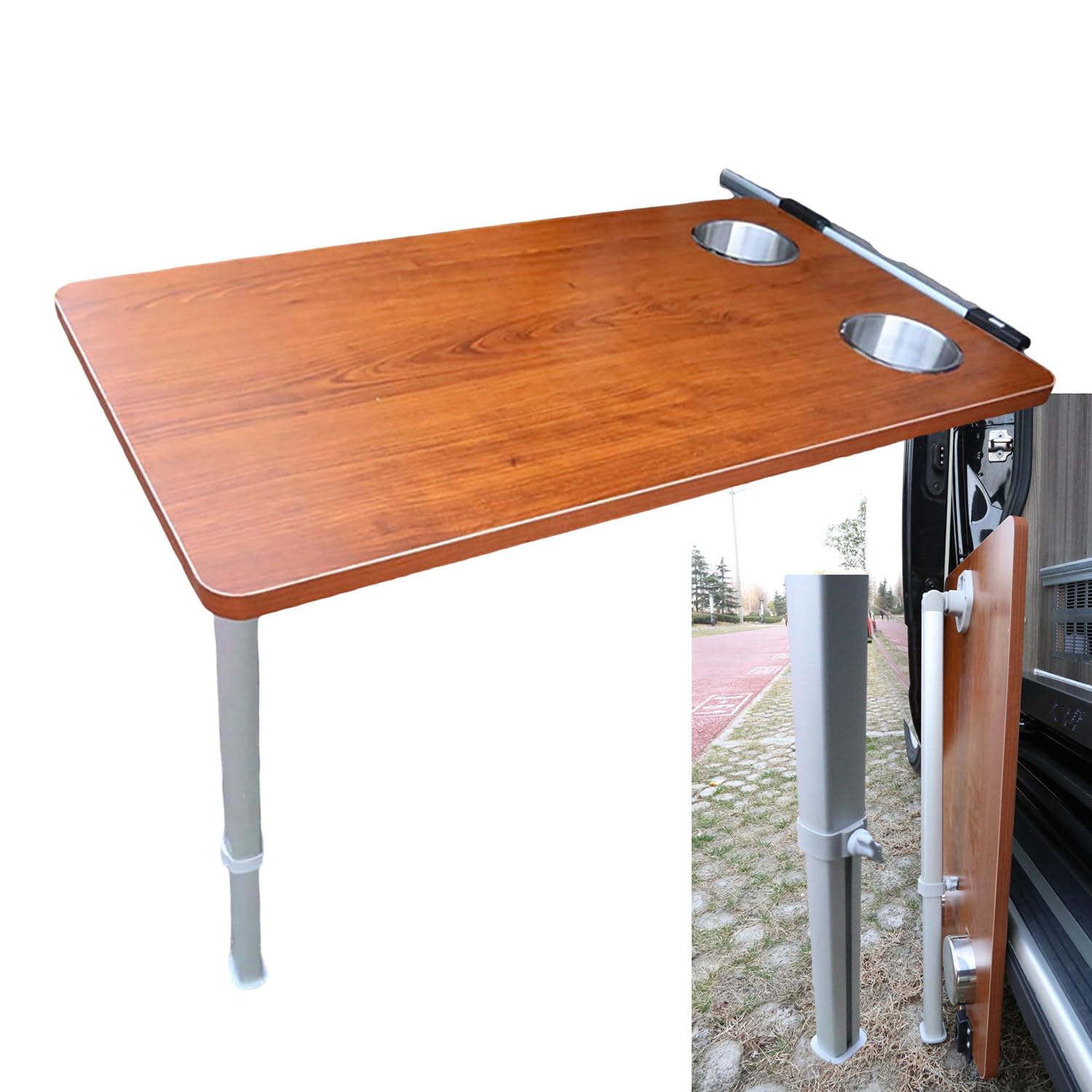 aallwwsso Rv Seite hängenden Klapptisch mit Upgrade ausziehbaren Tischbein + 2 Cup Slots，Holz Dinette Booths für Wohnmobile, Boote, Wohnwagen, Vans, Camper,79×39cm,Brown von aallwwsso