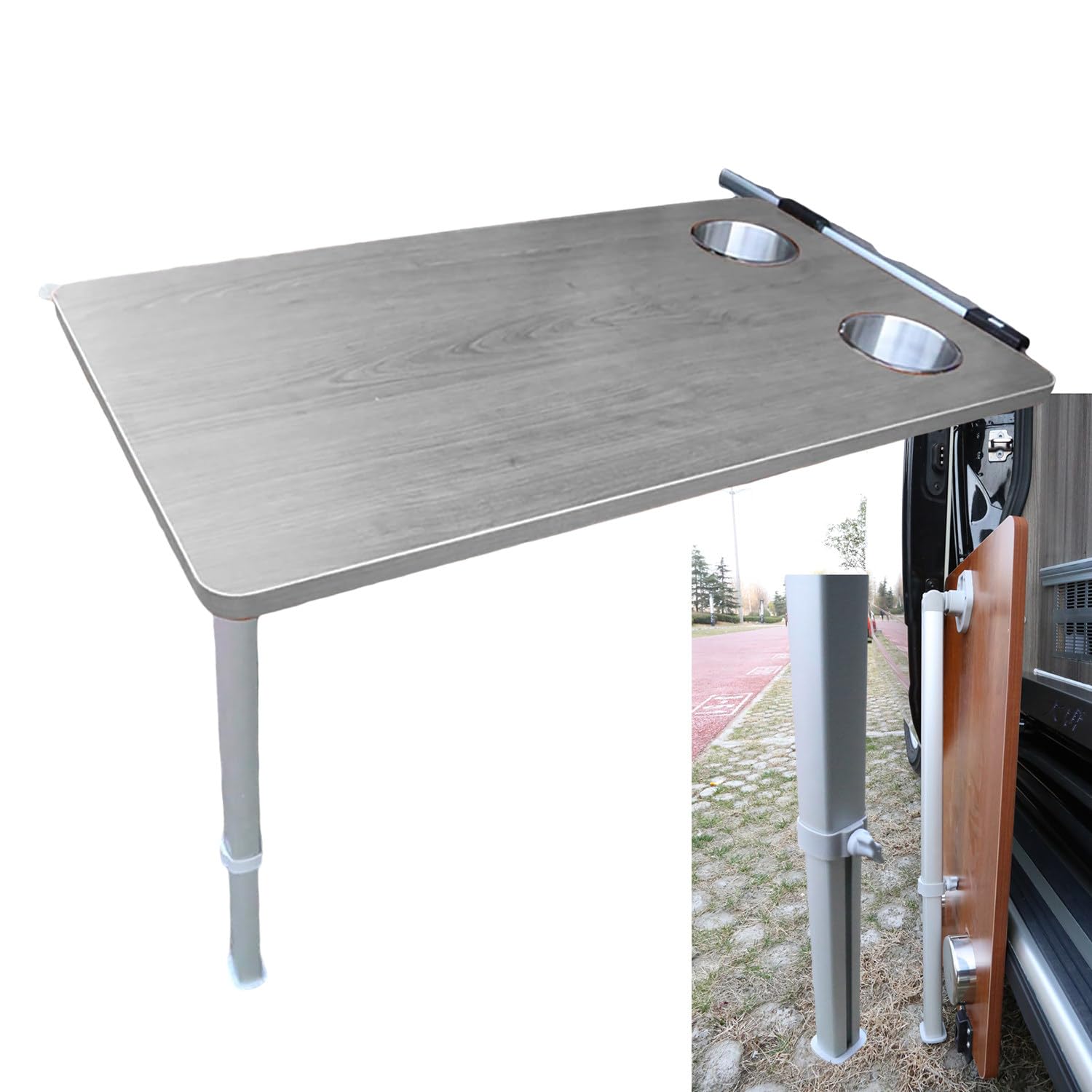 aallwwsso Rv Seite hängenden Klapptisch mit Upgrade ausziehbaren Tischbein + 2 Cup Slots，Holz Dinette Booths für Wohnmobile, Boote, Wohnwagen, Vans, Camper,79×39cm,Grey von aallwwsso