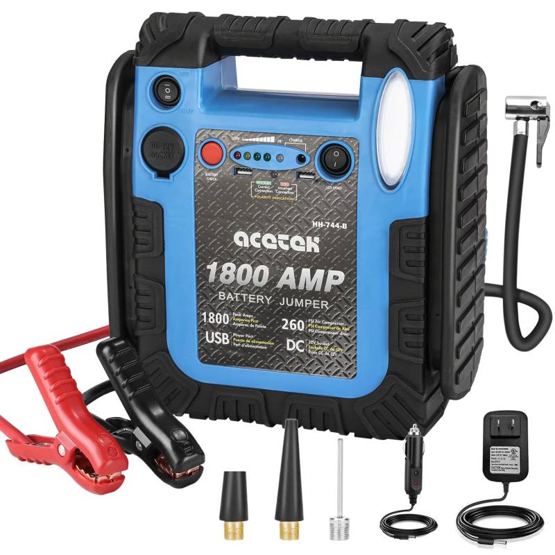 acetek 1800 Amp Starthilfe mit Luftkompressor, UltraSafe Starthilfe Powerbank 260 PSI Reifenfüller, 20000mAh 12V Auto Blei-Säure-Batterie Booster (bis zu 6L Gas oder 6L Diesel Motor) (Blau) von acetek