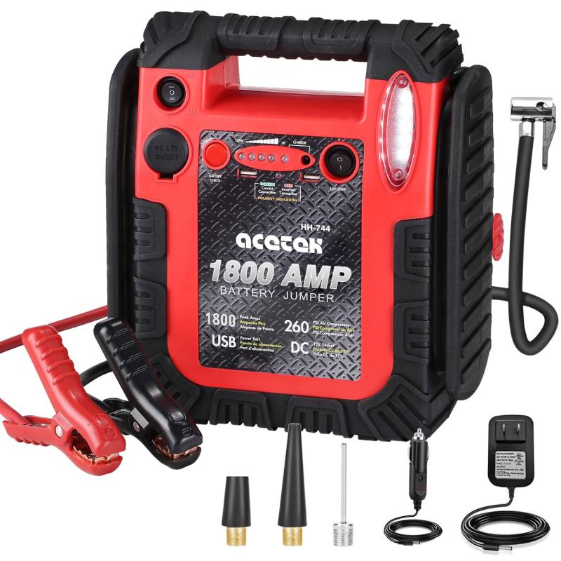 acetek 1800 Amp Starthilfe mit Luftkompressor, UltraSafe Starthilfe Powerbank 260 PSI Reifenfüller, 20000mAh 12V Auto Blei-Säure-Batterie Booster (bis zu 6L Gas oder 6L Diesel Motor) (Rot) von acetek