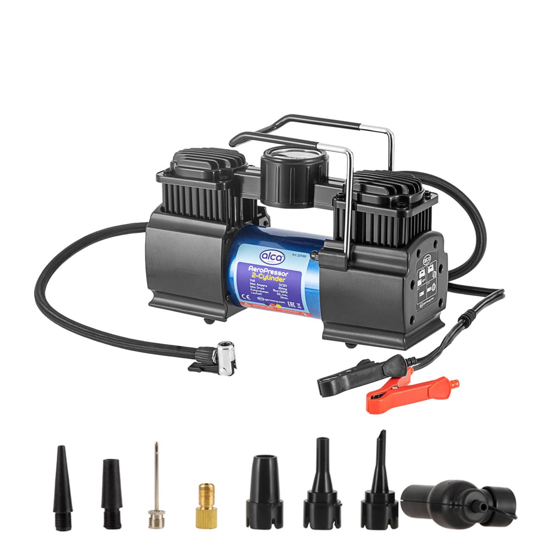 alca® Kompressor, Autokompressor, Luftkompressor, 11 bar, 8 Adapter, Anschluss an 12V Autobatterie von alca