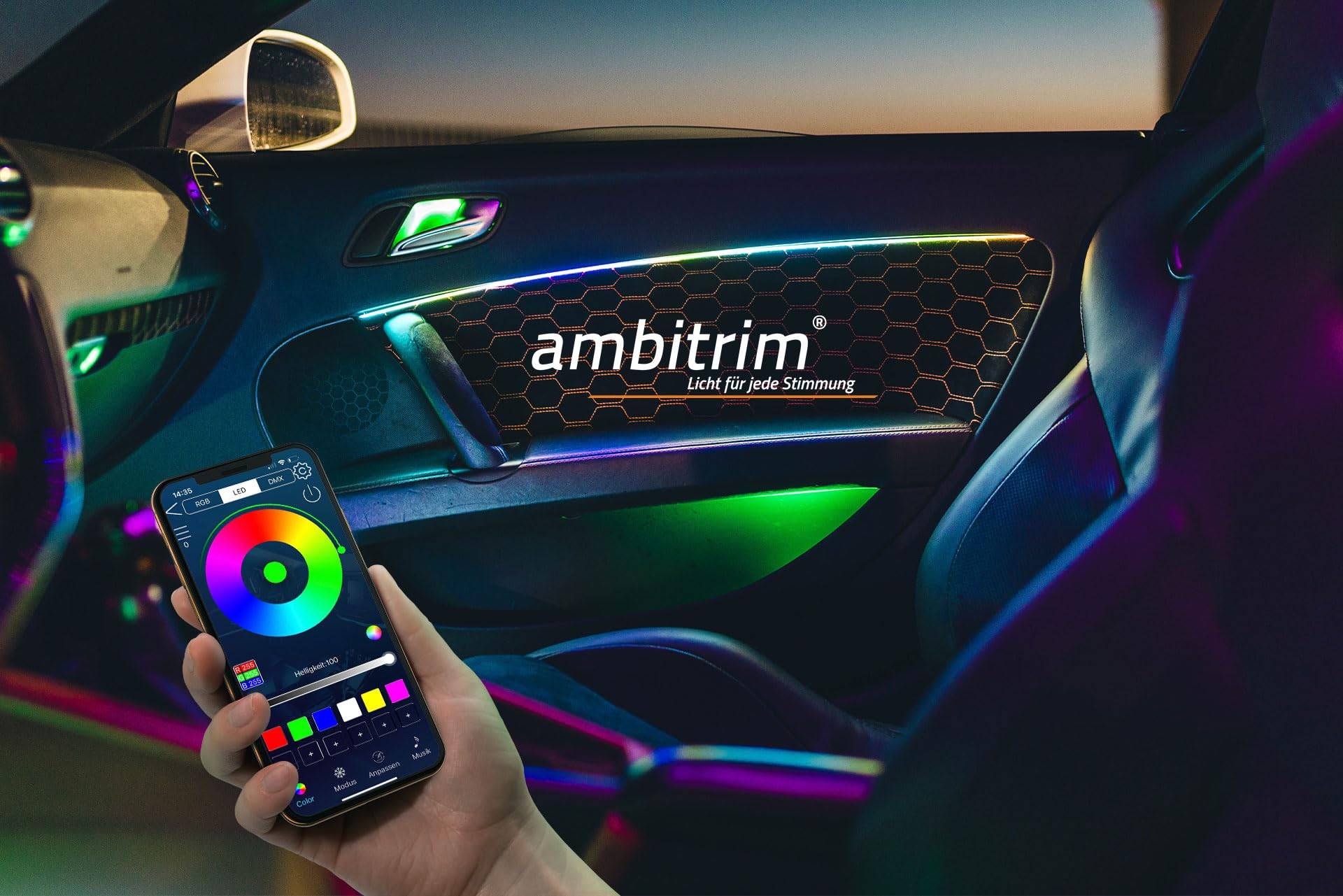 ambitrim® Digital RGB PRO LED Ambientebeleuchtung | Neuheit 2023 RGB Steuerung Via App | Kabellos mit 16,7 Millionen Farben und Farbverläufen | 2 Zonen-Steuerung von ambitrim