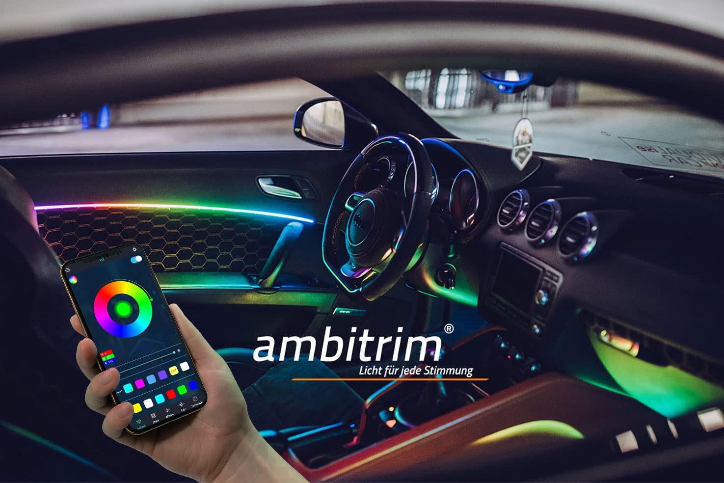 ambitrim® Digital RGB LED Ambientebeleuchtung | Neuheit 2022 RGB Steuerung Via App | Kabellos mit 16,7 Millionen Farben und Farbverläufen - 2 Türen + Armaturenbrett - mit Willkommensprogramm (WP) von ambitrim