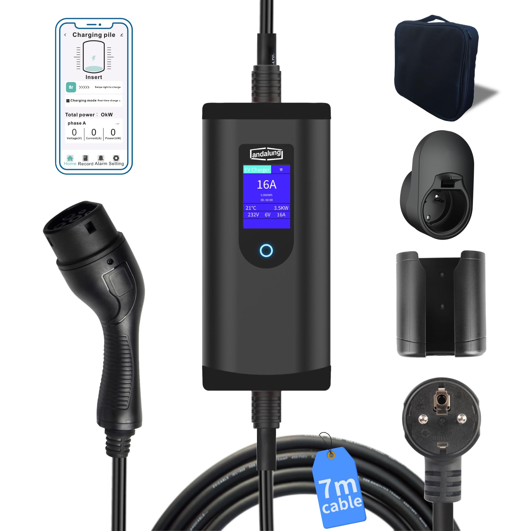 andalung Tragbarer EV-Lader 3,5KW 1-Phase 6-16A, 7m Kabel mit einstellbarem Strom, BS/Schuko-Stecker, App-Steuerung, WiFi, Bluetooth, Typ B RCD von andalung