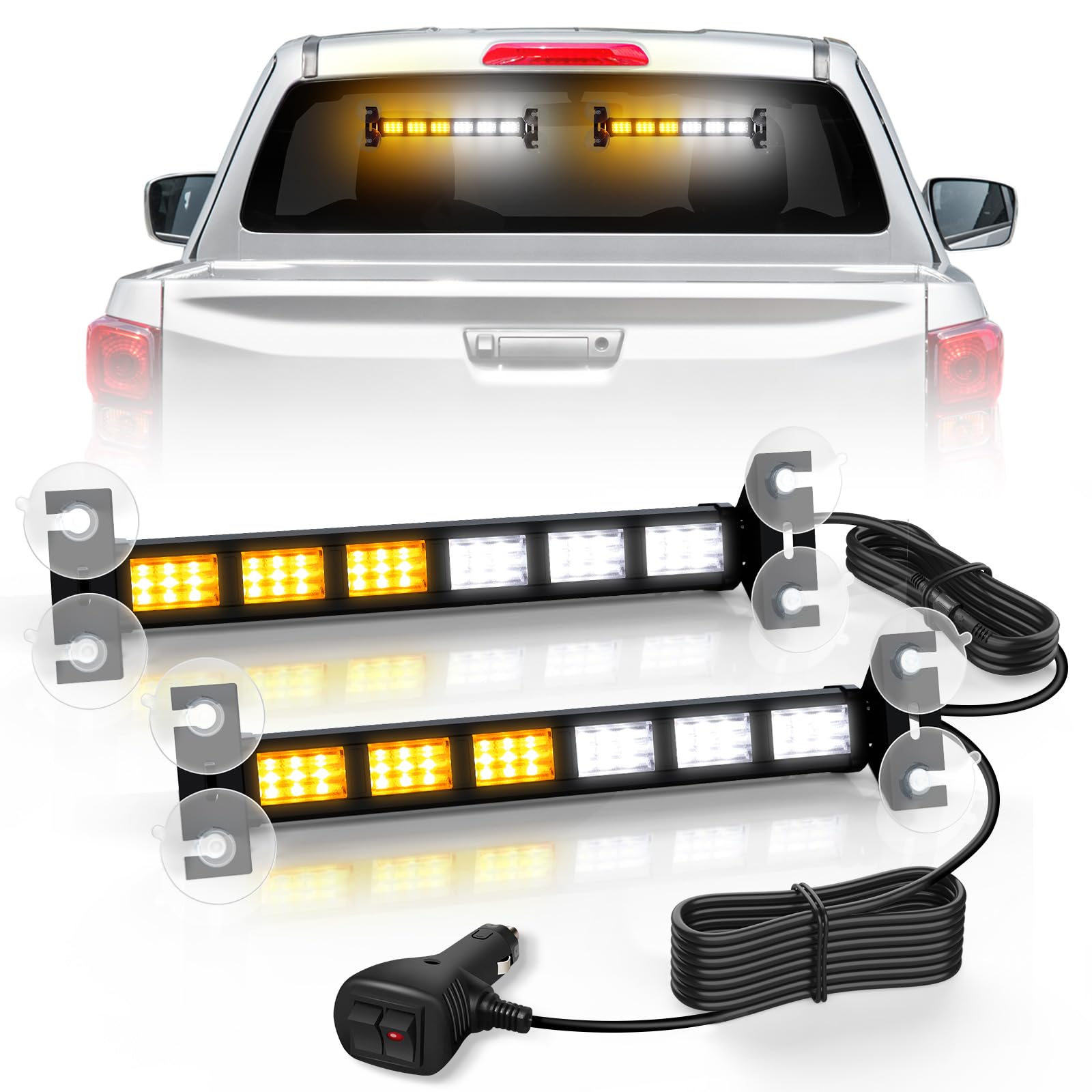 antom Sechs 108LEDs Blinken LED Warnleuchte 2er 36 LEDS Warnleuchte Orange + weißes Leuchtfeuer Rundumleuchte mit 19 Blinkende Stroboskop-Modi für Auto Pkw Truck Traktor KFZ LKW von antom