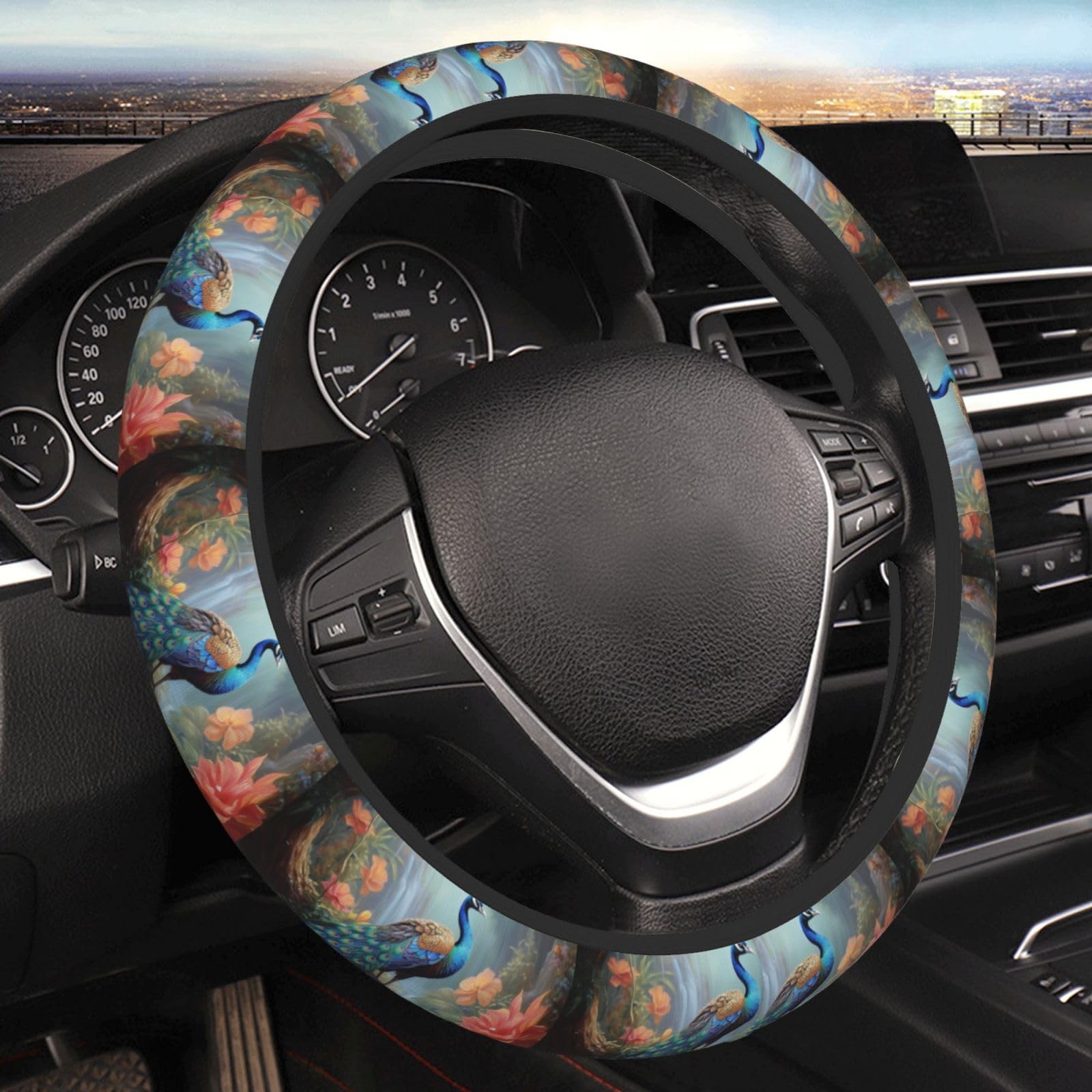 Universal 15 Zoll Fahrzeug-Stretch-Lenkradbezug, Magic Pond Peacock Cover, neuartiges Auto-Innenzubehör für Männer und Frauen von asbwuo