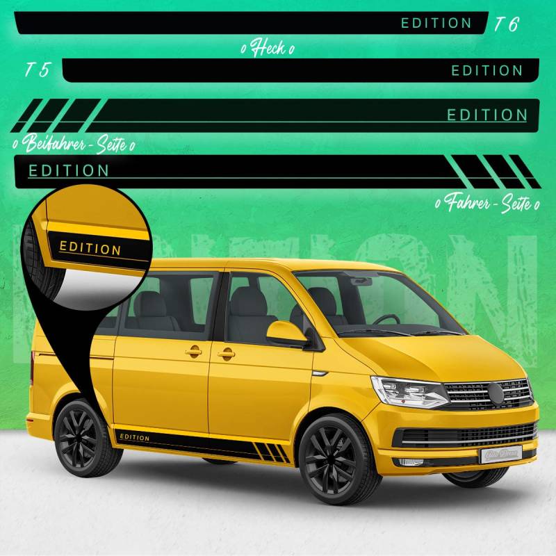 Auto-Dress Seiten-Streifen Aufkleber Set/Dekor passend für VW T4, T5 & T6 Bus - Motiv: Edition Racing (111M Black Matt, Kurzer Radstand) von Auto-Dress