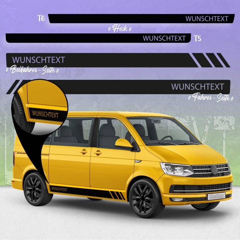 Auto-Dress Seiten-Streifen Aufkleber Set/Dekor passend für VW T4, T5 & T6 Bus - Motiv: Wunschtext Racing ohne Strich (111M Black Matt, Radstand: Kurz) von Auto-Dress