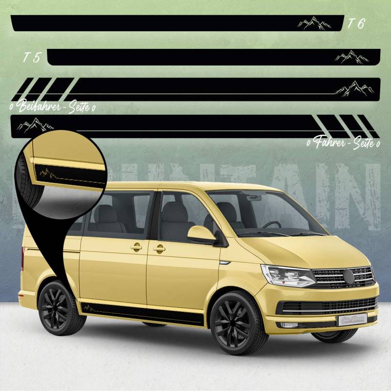 Auto-Dress Seiten-Streifen Aufkleber Set/Dekor passend für VW T4, T5 & T6 Bus - Motiv: Mountain Silhouette Racing mit Strich (110 Black Gloss, Kurzer Radstand) von Auto-Dress