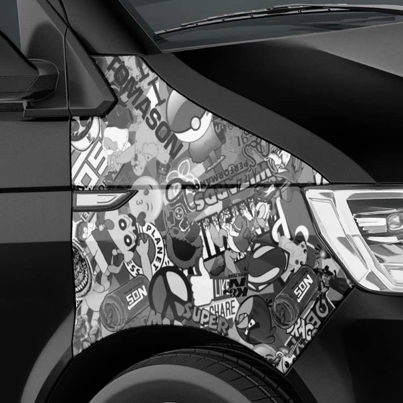 Auto-Dress Stickerbomb Auto-Folie mit Luftkanal-Technik für 3D Car-Wrapping (200x150cm, Design: Cartoon, Farbe: Schwarz-Weiß, Finish: Glanz) von Auto-Dress