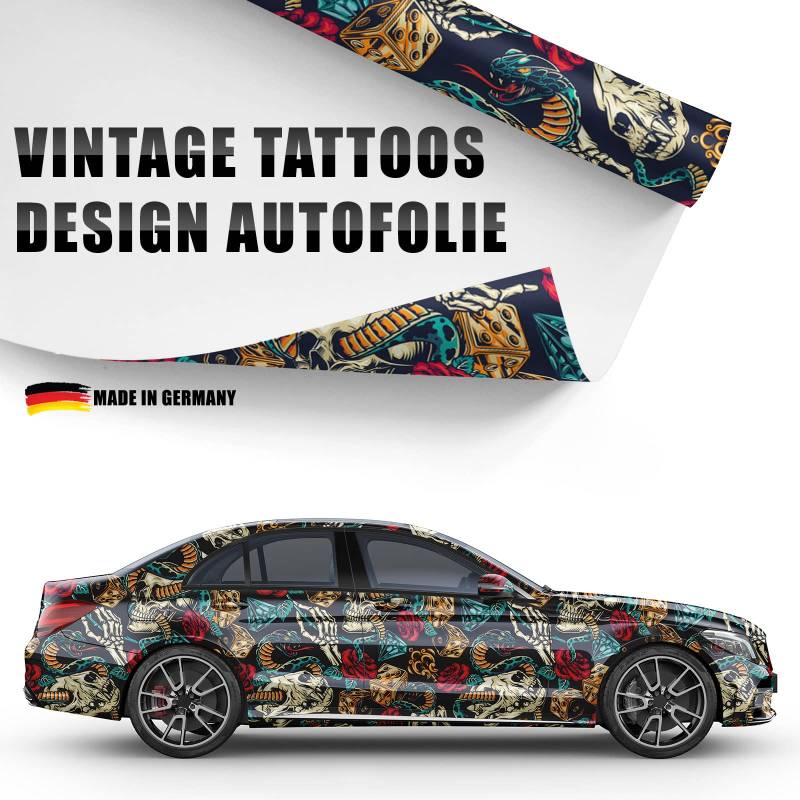 Design Auto-Folie Vintage Tattoos 3D Car-Wrapping Luftkanäle blasenfrei 100x150cm von Auto-Dress