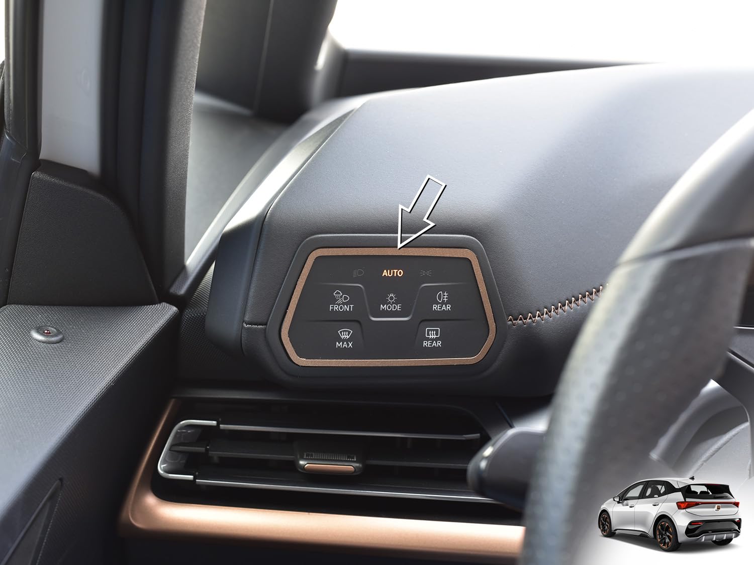 Stahlabdeckung für Cupra.Born | COPPER Stil Farbe - Schalter für die Rahmenbeleuchtung | 1 Stück Edelstahl E-Boost Impulse VZ Edition Advantage Dynamic Born Zubehör von autoCOVR