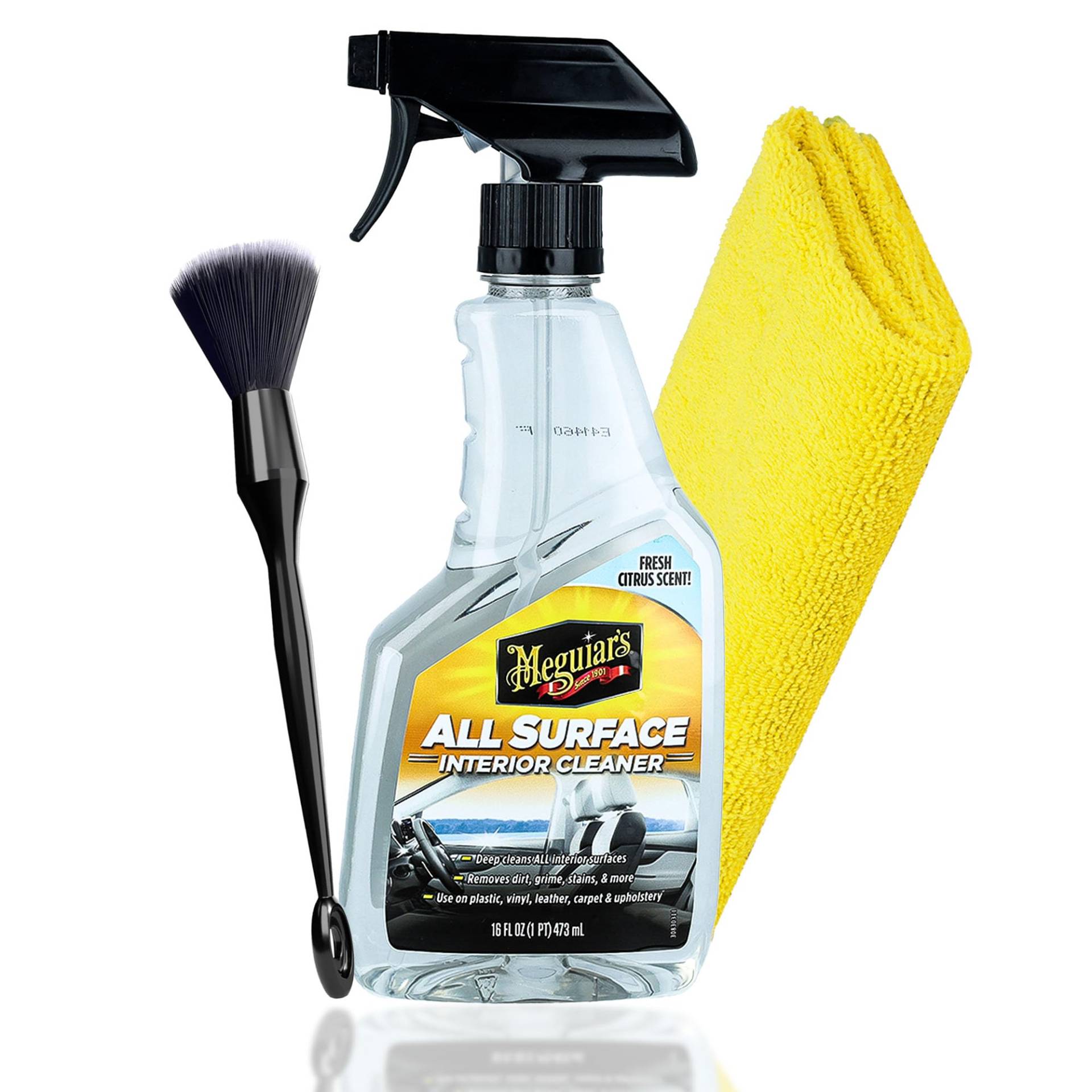 Auto Innenraum Reiniger Set | Meguiar's All Surface Interior Cleaner + Reinigungspinsel + Mikrofasertuch | Innenraumreiniger geeignet für Kunststoff Leder Polster Teppich von autopflege