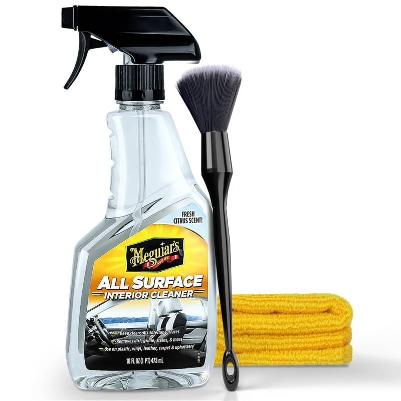 Auto Innenraum Reiniger Set | Meguiar's All Surface Interior Cleaner + Reinigungspinsel + Mikrofasertuch | Innenraumreiniger geeignet für Kunststoff Leder Polster Teppich von autopflege