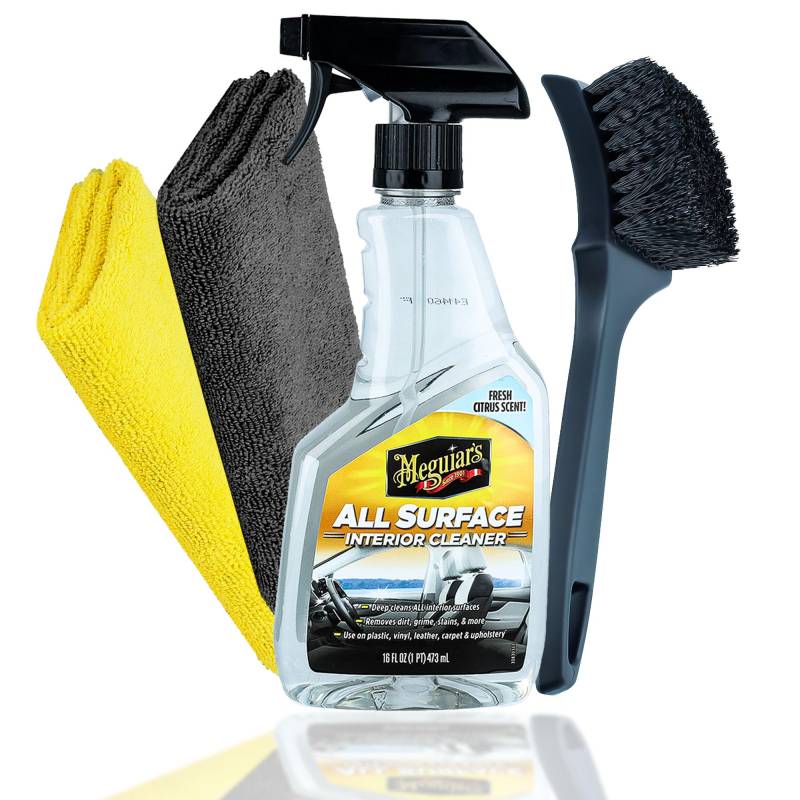 Auto Innenraum Reiniger Set | Meguiar's All Surface Interior Cleaner + Teppich Reinigungsbürste + 2X Mikrofasertuch | Innenraumreiniger geeignet für Kunststoff Leder Polster Teppich von autopflege