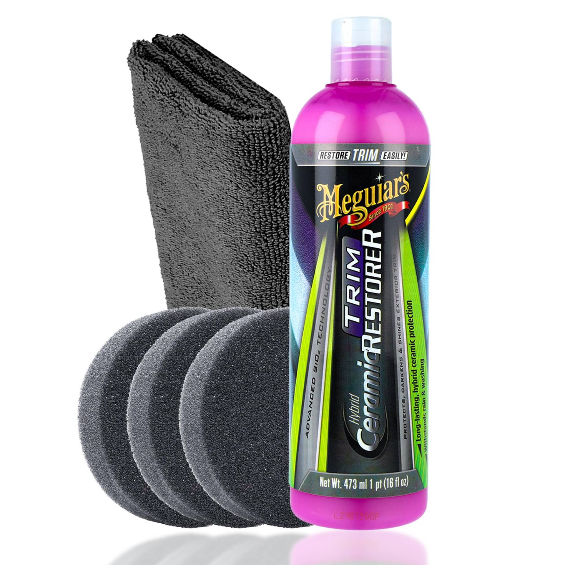 Auto Kunststoff Auffrischer Set Außen | Meguiar's Hybrid Ceramic Trim Restorer + 3X Applikator Pad + Poliertuch | Kunststoffpflege für unlackierte Kunsstoffteile im Außenbereich von autopflege