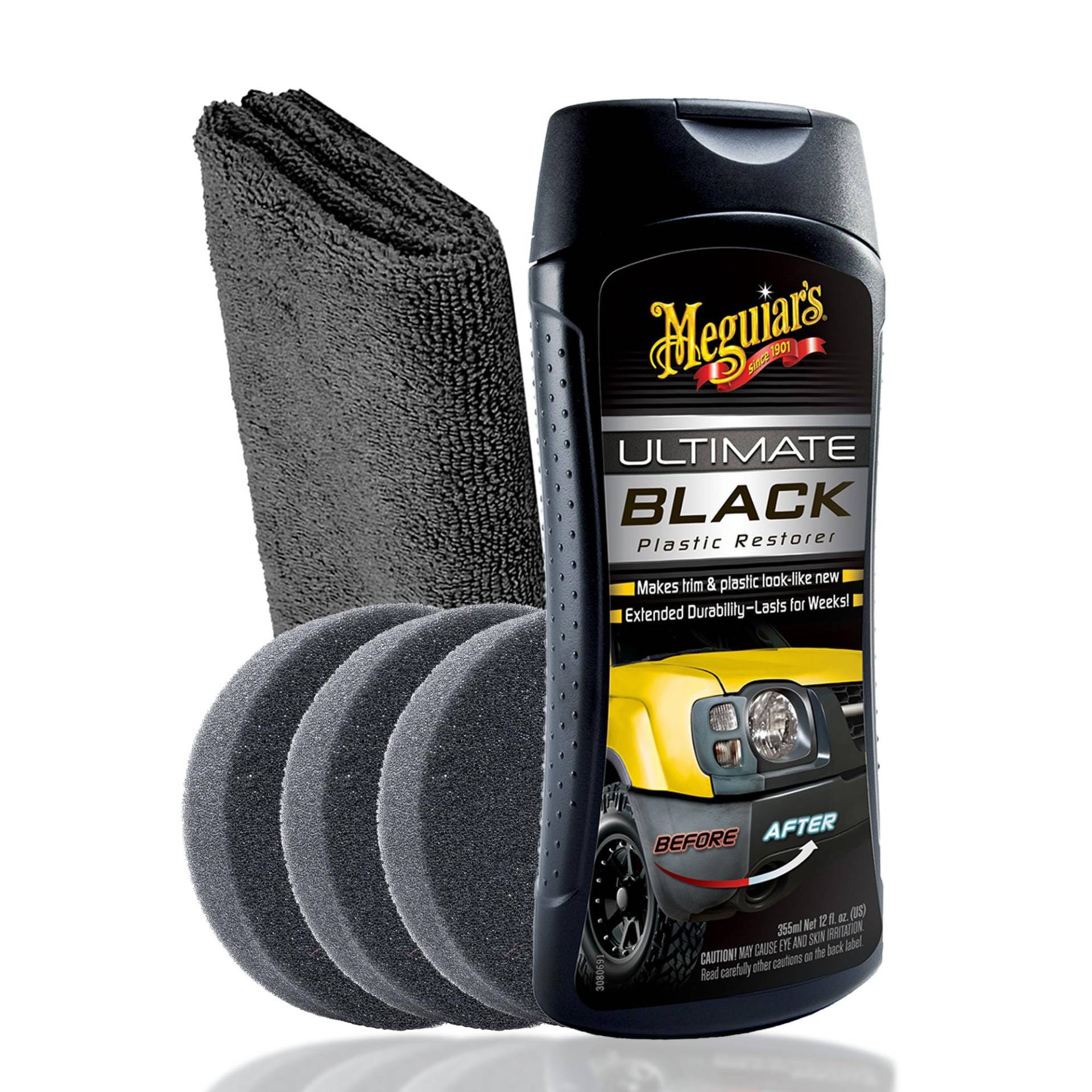 Auto Kunststoff Auffrischer Set für Innen und Außen | Meguiar's Ultimate Black Plastic Restorer + 3X Applikator Pad + Poliertuch | Kunststoffpflege für neuen Glanz mit UV-Schutz von autopflege